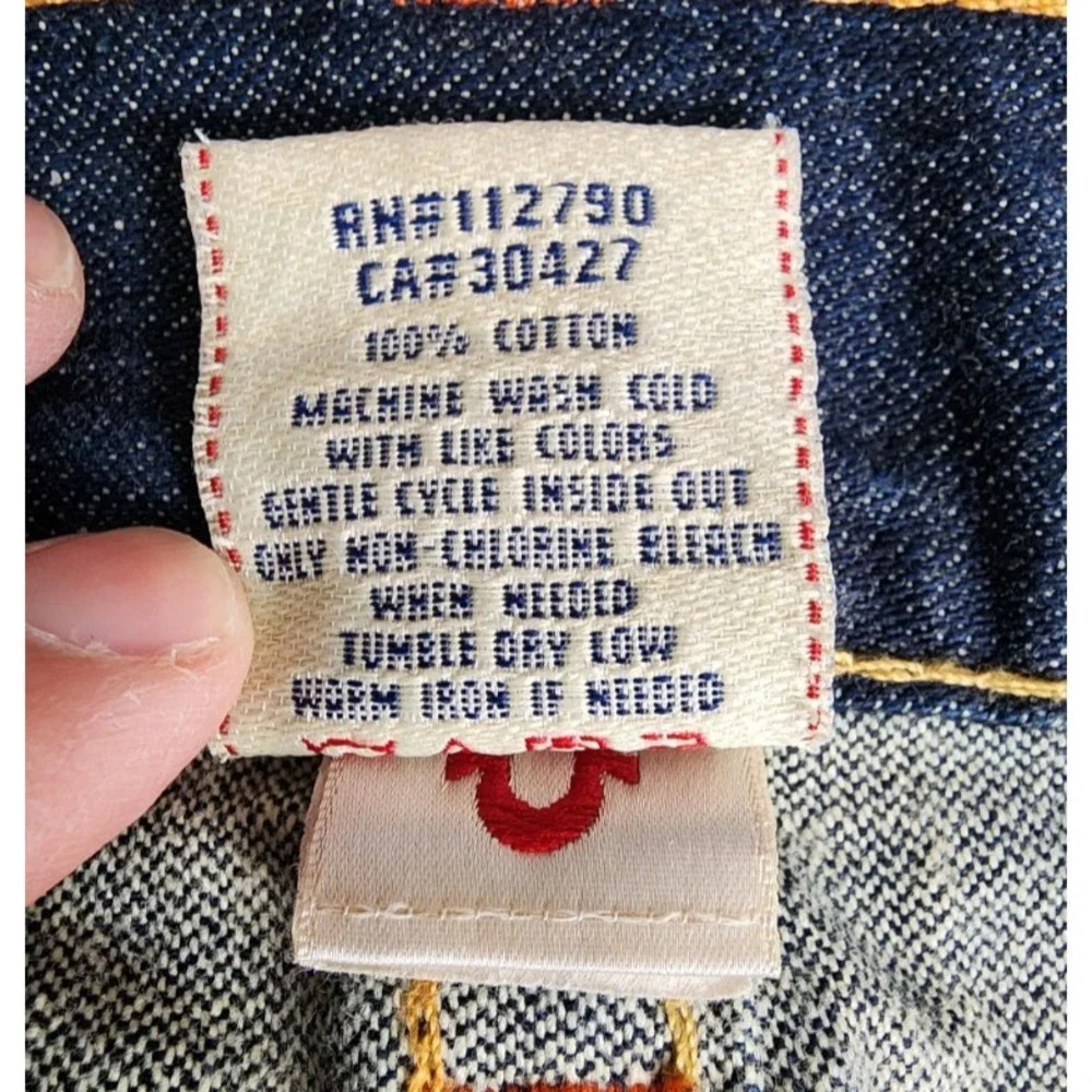 True Religion Joey Flare Jeans Mens 38x30 Raw Denim Made in USA Orange‎ Stitch